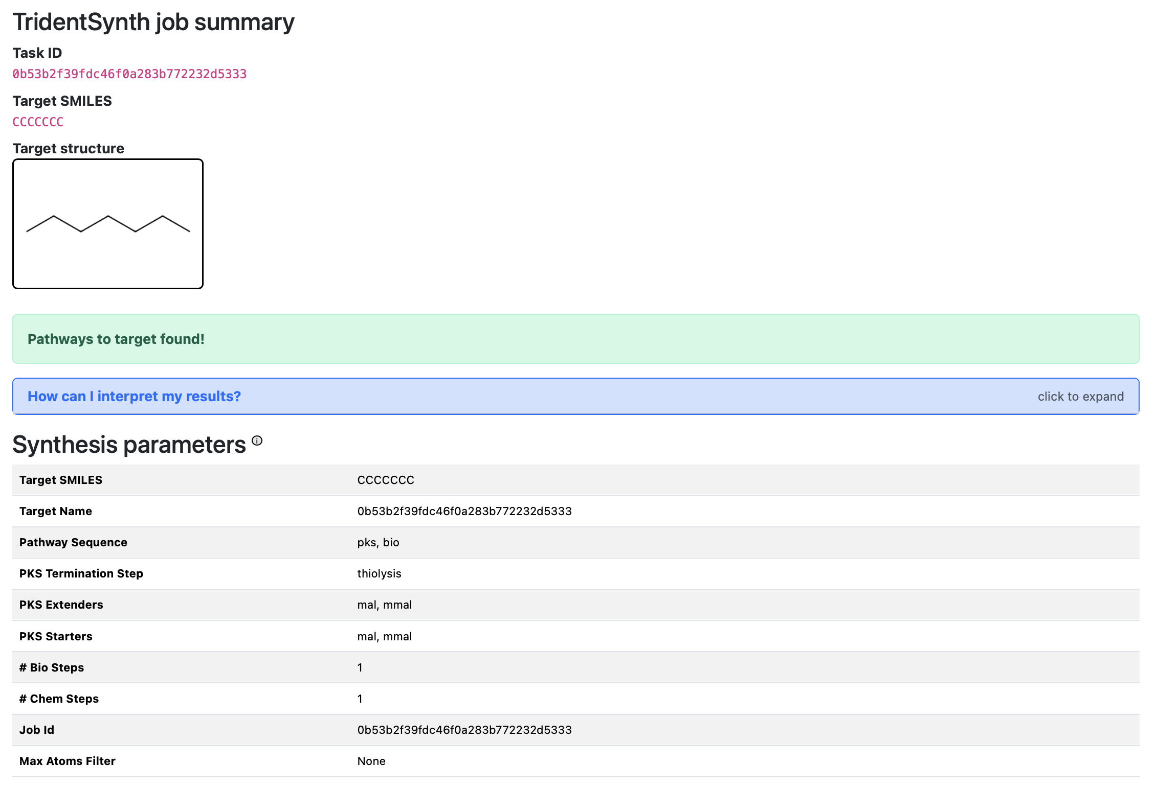 Screenshot of the TridentSynth results page showing the job summary, status alert, and synthesis parameters table