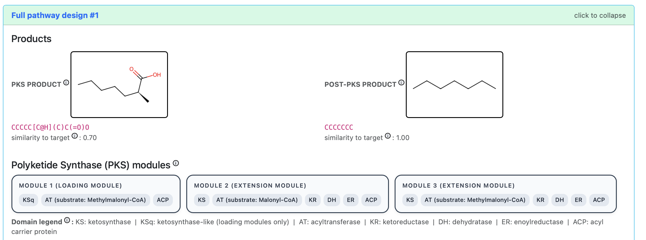 Screenshot of a pathway design showing PKS and post-PKS products with similarity scores, and the PKS module grid with domain annotations
