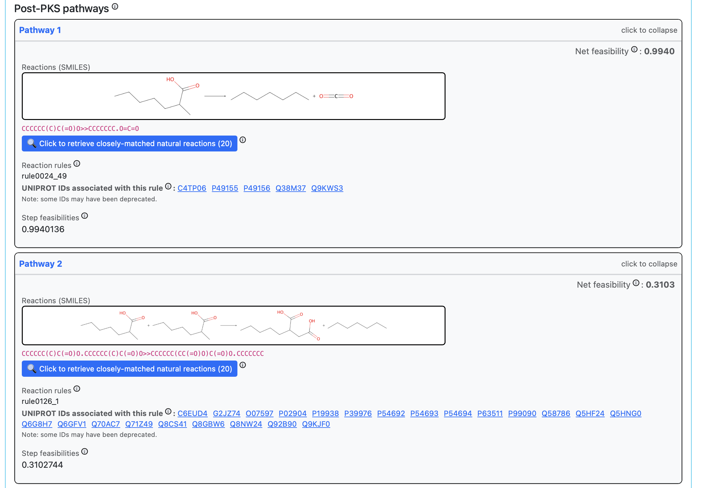 Screenshot of post-PKS pathways showing reaction images, reaction rules, UniProt enzyme links, enzyme retrieval button, and feasibility scores