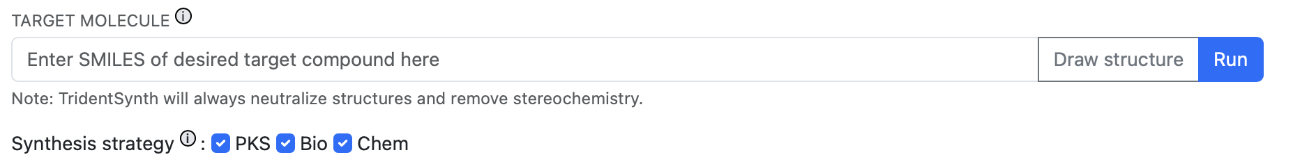 Screenshot of the TridentSynth query form showing the SMILES input field, Draw structure button, Run button, and synthesis strategy checkboxes